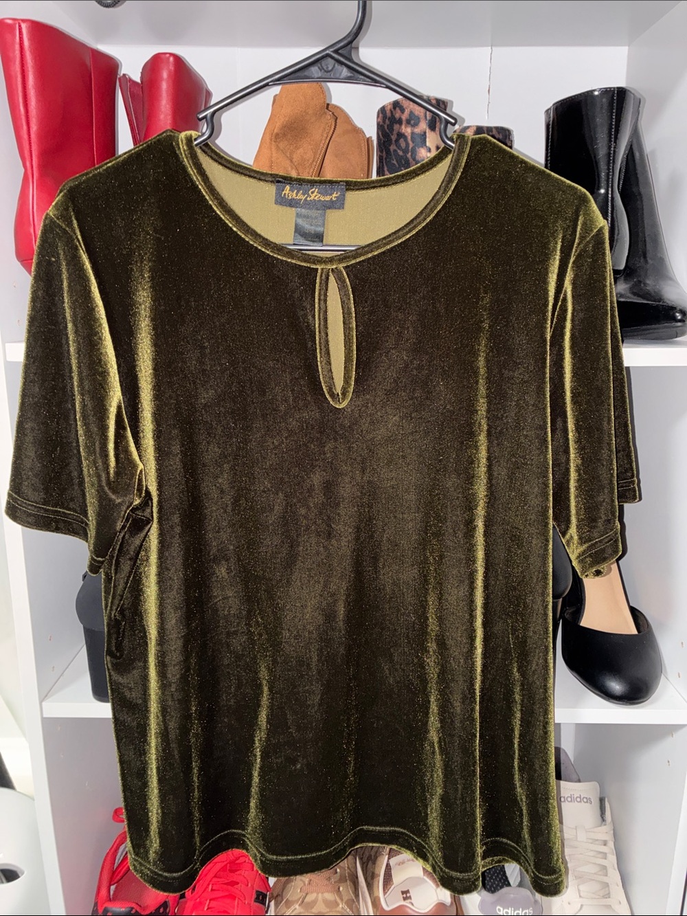 Ashley Stewart Olive Green Velvet Short Sleeve Top